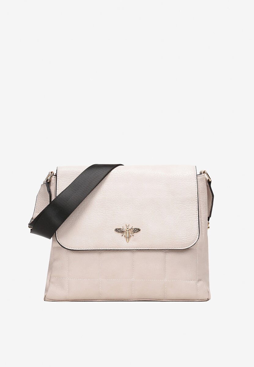Beżowa Pikowana Torebka z Szerokim Paskiem i Magnetyczną Klapą Azola