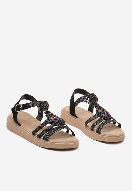 Czarne Płaskie Sandały z Ekoskóry z Plecionymi Paskami Ozdobione Kamieniami Alliara