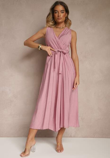 Fioletowy Kombinezon Taliowany z Wiskozą Ozdobiony Paskiem Evintria