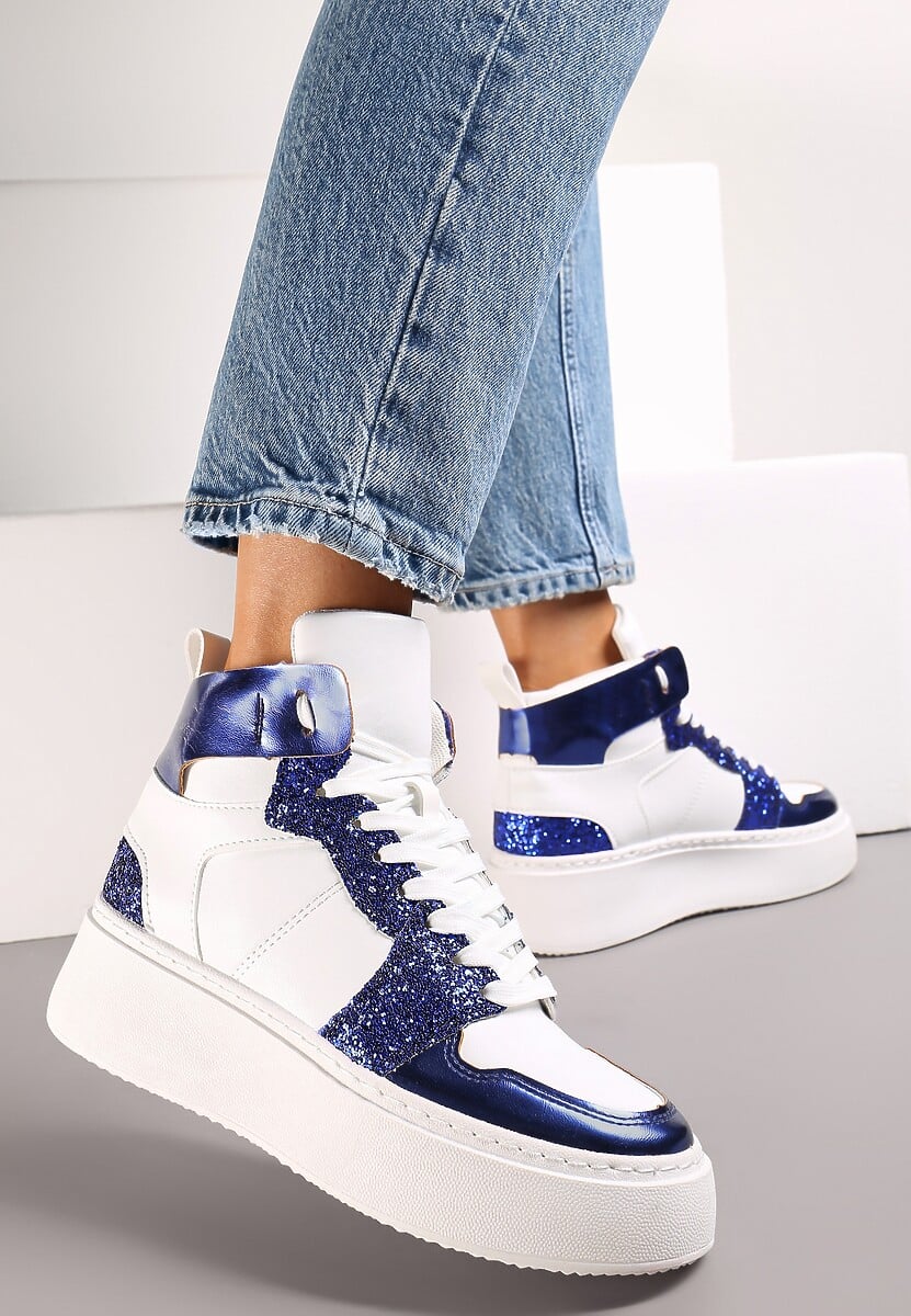 Biało-Granatowe Sznurowane Sneakersy za Kostkę z Brokatem i Metalicznymi Wstawkami Sareena