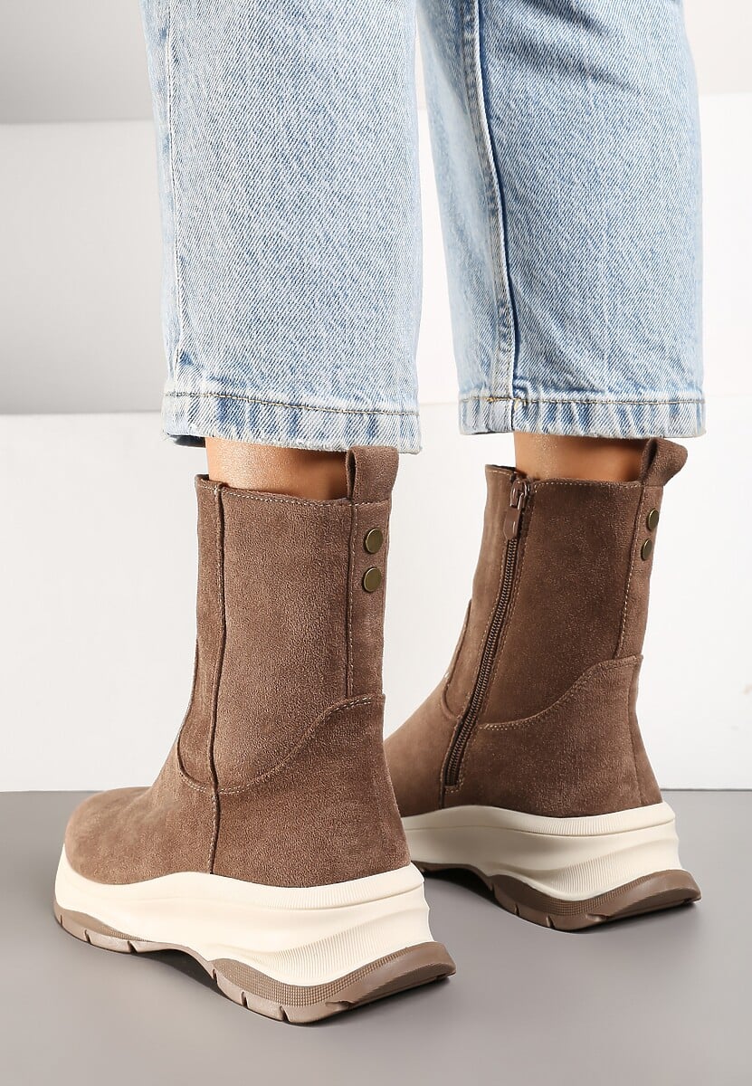 Ciemnobeżowe Streetwearowe Botki z Ekozamszu na Tłoczonej Platformie Realaeth