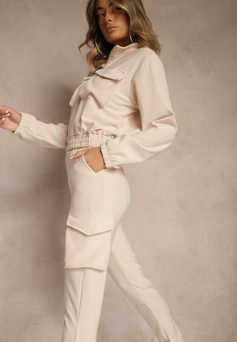 Beżowy Komplet Dresowy Cargo Bluza ze Stójką i Spodnie Jogger Litene