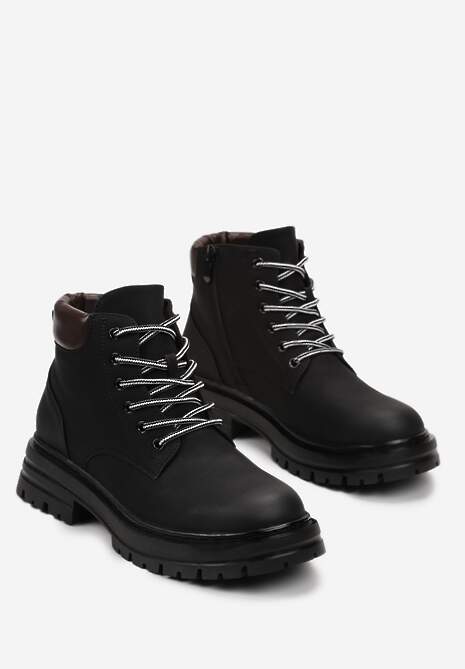 Czarne Traperki z Ociepleniem i Sznurowaniem Almudena