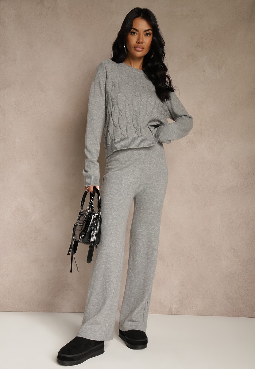 Szary Dzianinowy Komplet z Wełną Spodnie Wide Leg i Sweter Cropped Nezera
