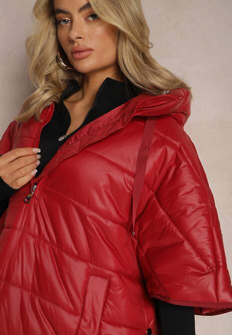 Bordowa Pikowana Kurtka z Rękawem 3/4 oraz Kapturem Wkładana przez Głowę Arisoltta