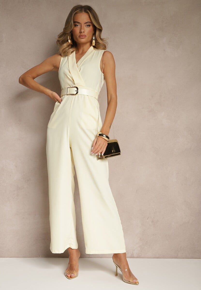 Żółty Elegancki Kombinezon z Paskiem i Ozdobną Klamrą Tilominea