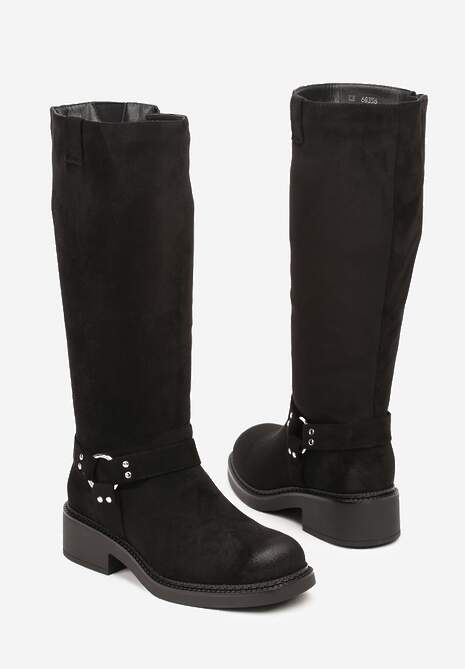 Czarne Kozaki Bikery z Metalicznymi Nitami i Klamrami Sedinea