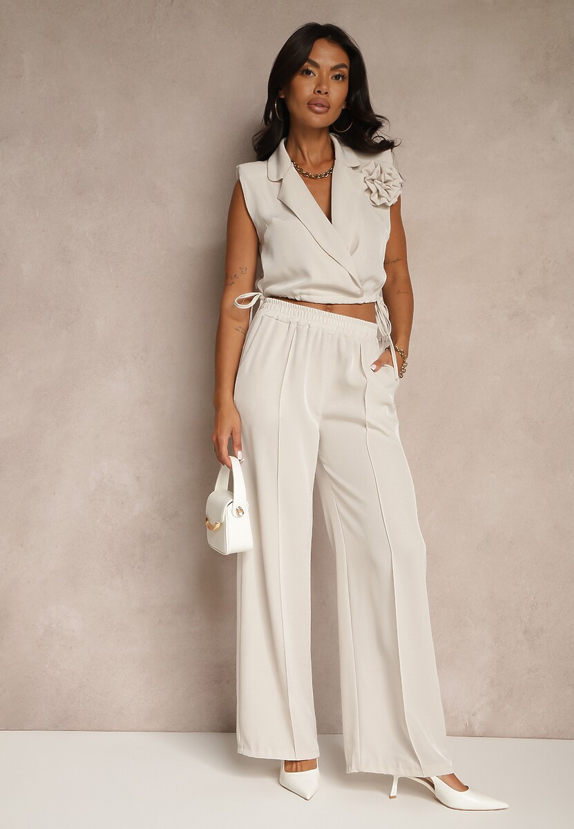 Beżowy Komplet Spodnie o Szerokim Kroju i Kopertowa Bluzka ze Ściągaczem Reavilora