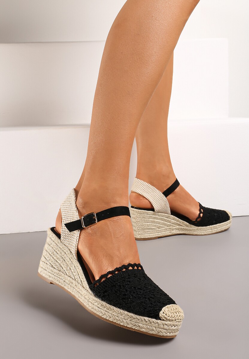 Białe Ażurowe Sandały Espadryle na Koturnie Ozdobionym Plecionką Kija