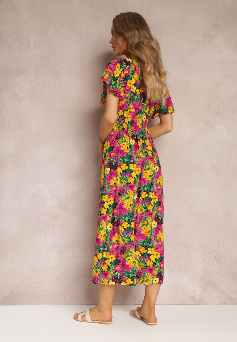 Żółto-Fuksjowa Rozkloszowana Sukienka Maxi z Gumką w Pasie z Wiskozy Femia