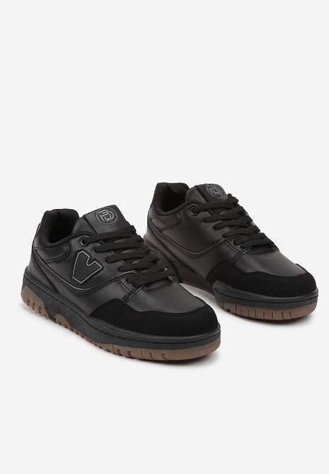 Czarne Sneakersy Sznurowane z Aplikacją na Boku i Przeszyciami Irilian