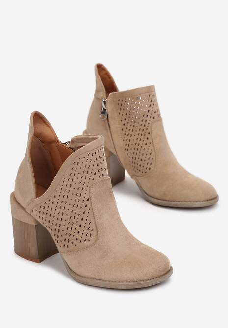Ciemnobeżowe Botki Ażurowe na Obcasie Deinilea