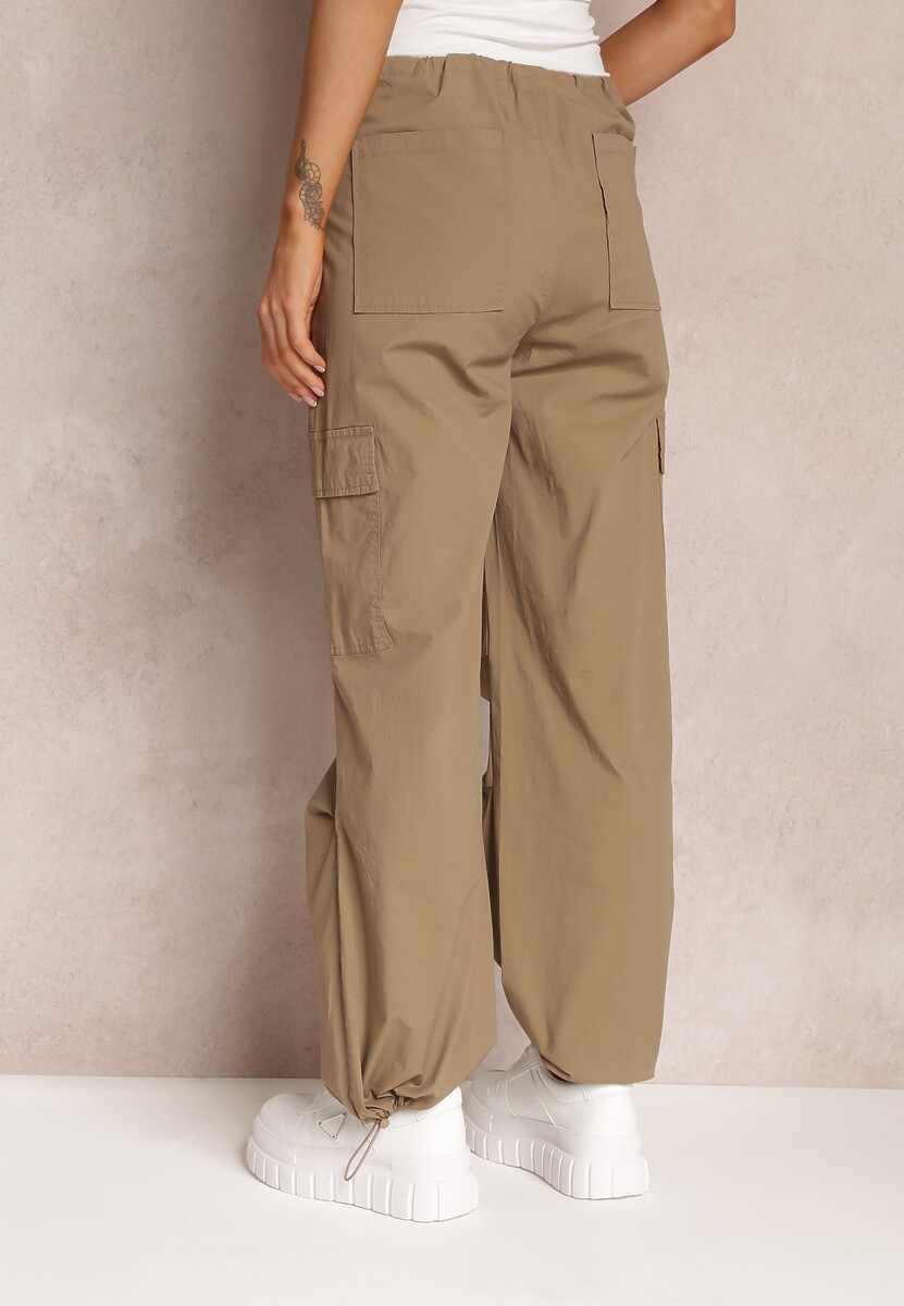 Ciemnobeżowe Szerokie Spodnie Cargo z Gumką w Talii Livlia