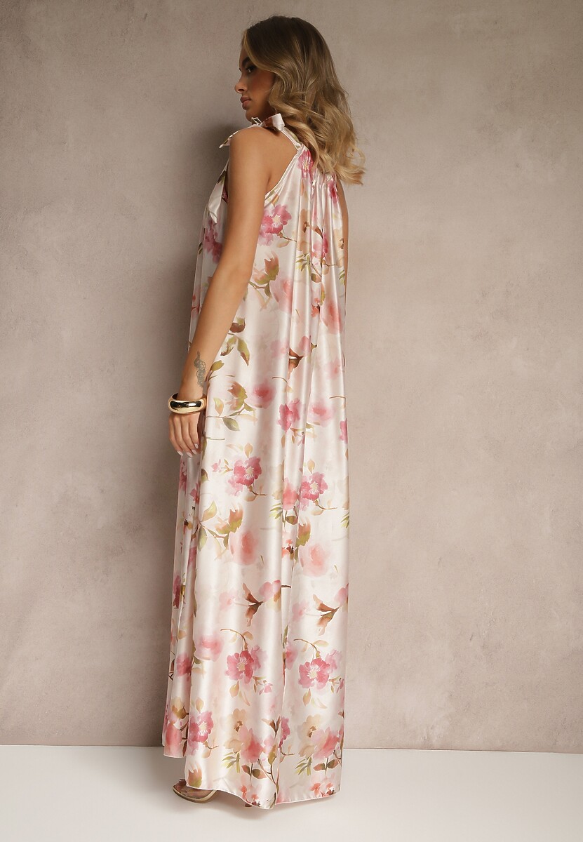 Różowa Sukienka z Satyny w Kwiatowy Wzór Fenimea