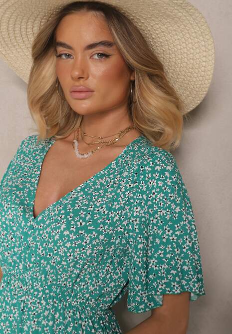 Zielona Rozkloszowana Sukienka Bawełniana w Kwiatowy Print Ezrive