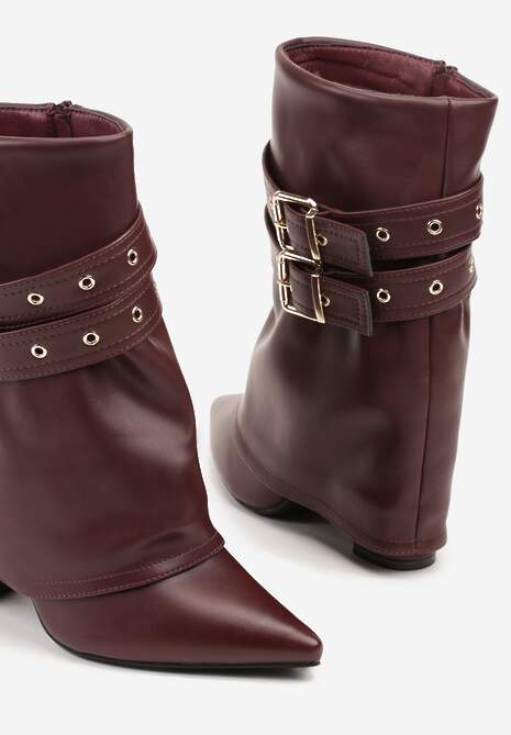 Bordowe Botki Kowbojki na Słupku Ozdobione Klamrami i Wywiniętą Cholewką Codvire