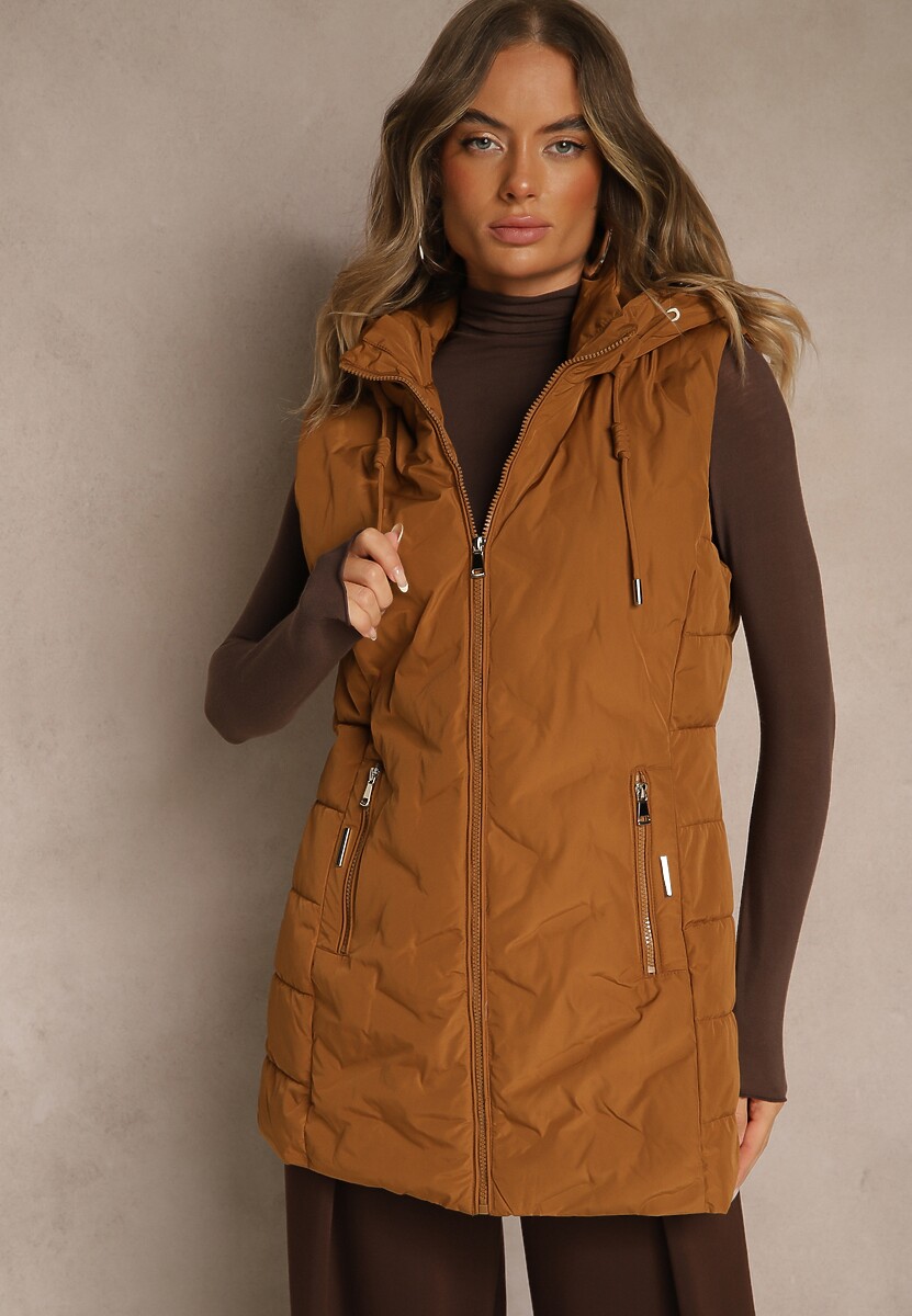Ciemnobeżowa Taliowana Kamizelka Przejściowa z Kapturem Olepia