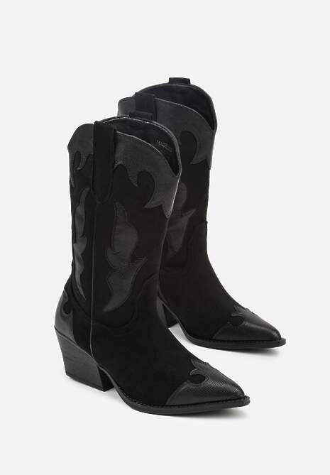 Czarne Kozaki Kowbojki na Stożku z Tłoczoną Cholewką Avrenne