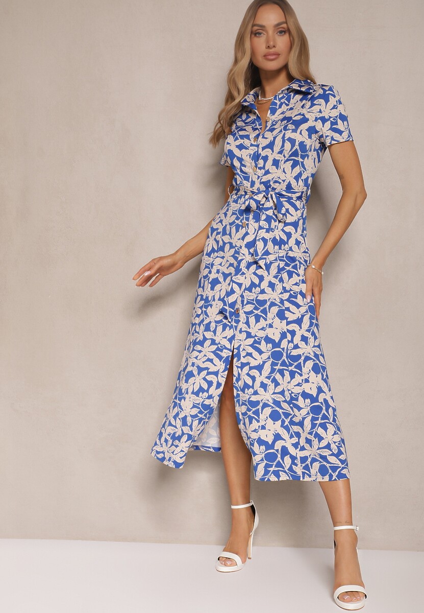 Niebieska Kwiecista Sukienka z Wiskozą o Koszulowym Kroju z Wiązanym Paskiem Zeranella