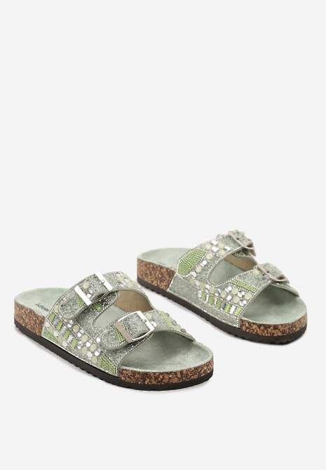 Zielone Płaskie Klapki z Imitacji Skóry z Klamrami Ozdobione Cyrkoniami i Kamykami Allenda