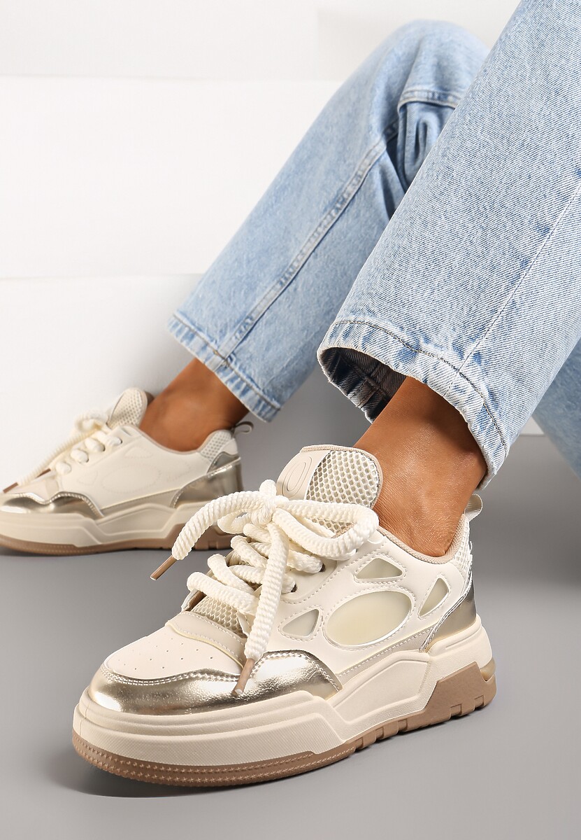 Beżowe Sneakersy na Niskiej Platformie z Grubymi Sznurowadłami Vansyla