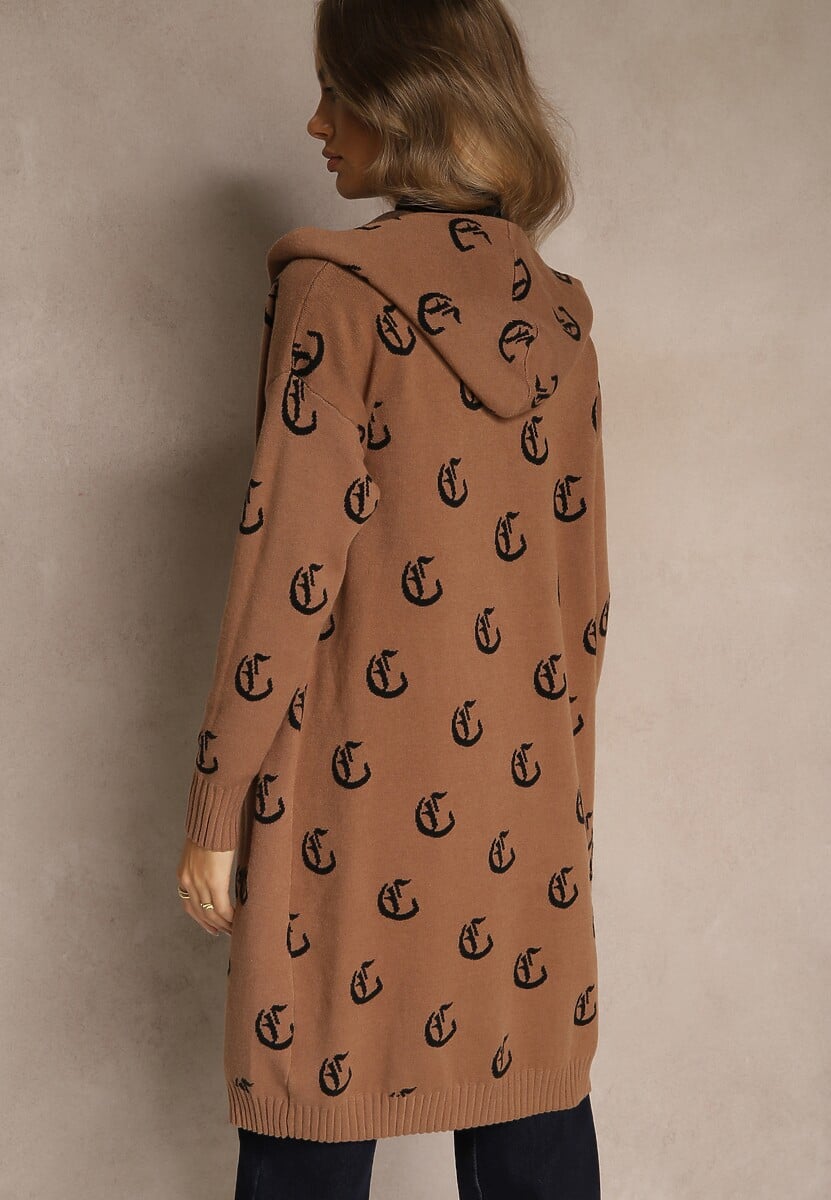 Brązowy Kardigan z Kapturem Ozdobiony Geometrycznym Motywem Ralanessa