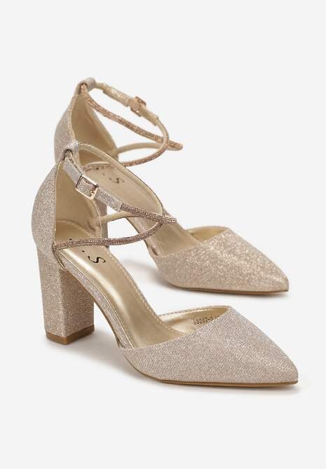 Złote Czółenka Brokatowe na Słupku z Paskiem z Cyrkoniami Keshe