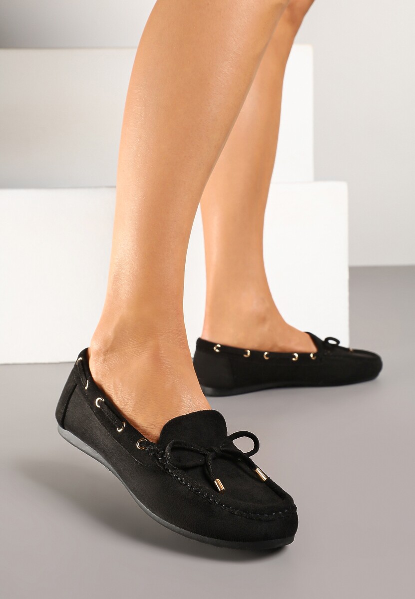 Czarne Mokasyny z Ekozamszu Zdobione Wiązaniem z Kokardą Sonilora