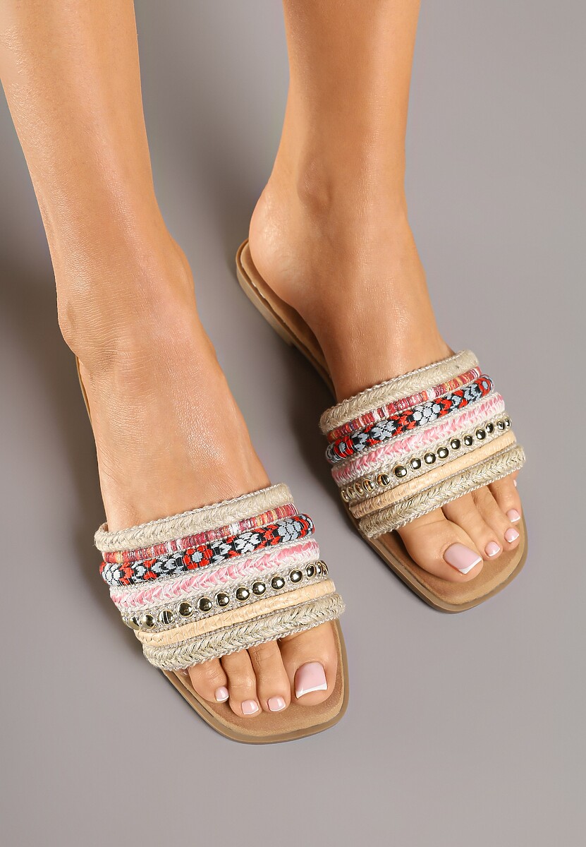 Czerwono-Beżowe Klapki z Nitami Plecione w Stylu Boho Lanvisa