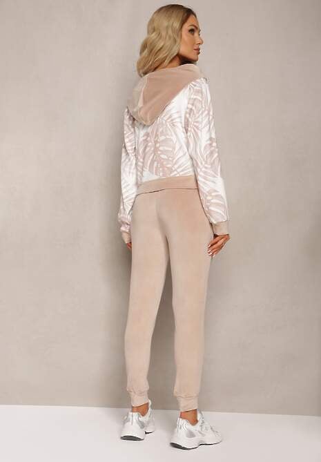 Ciemnobeżowy Welurowy Komplet Dresowy z Wzorzystą Bluzą z Kapturem i Joggerami Rouviana