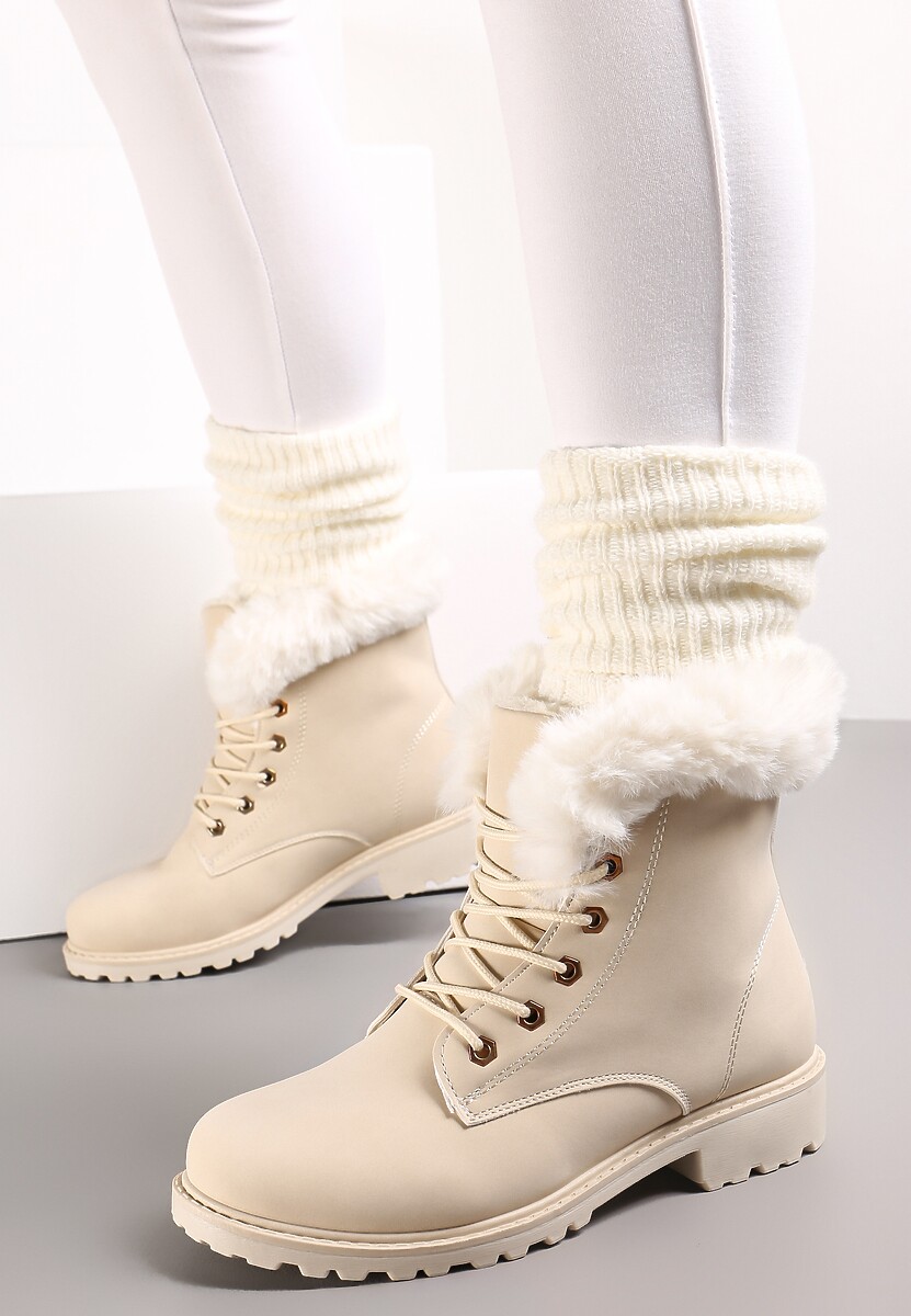 Beżowe Ocieplone Botki Trapery z Futerkiem Wokół Cholewki Atuval