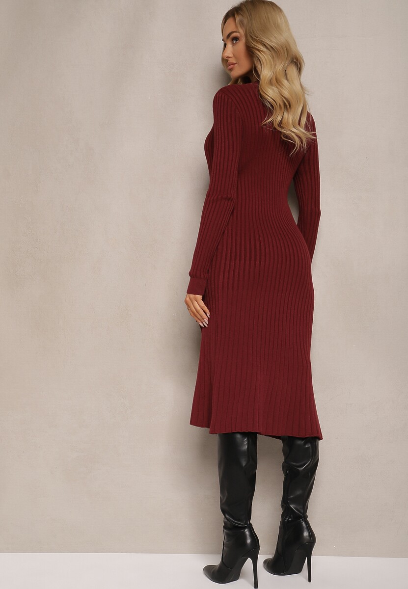 Bordowa Prążkowana Sweterkowa Sukienka z Wiskozą i Troczkiem z Boku Agranea