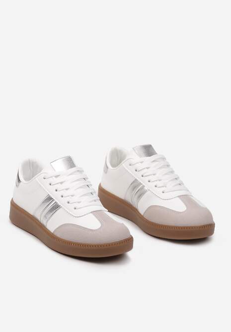 Biało-Srebrne Sznurowane Sneakersy Tenisówki z Kauczukową Podeszwą Gialessa