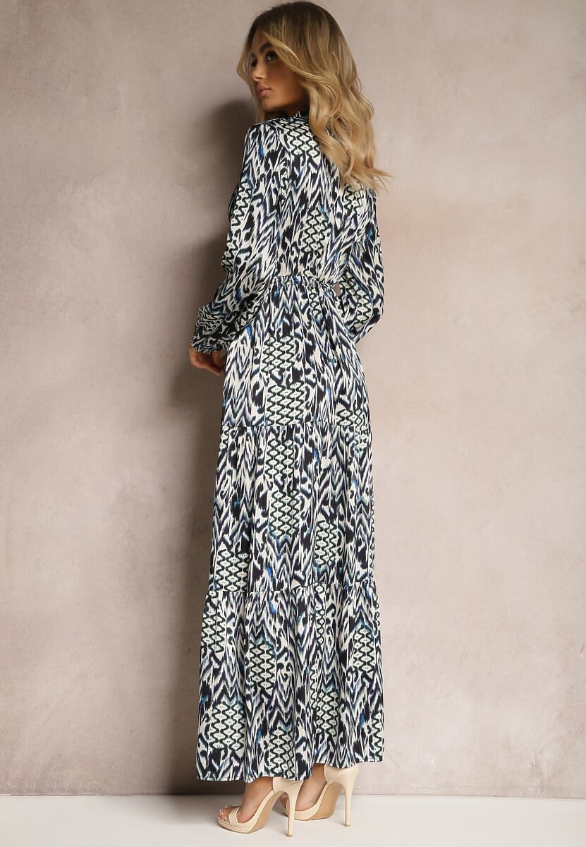 Niebieska Sukienka o Rozkloszowanym Kroju ze Ściągaczem w Talii i Trójkątnym Dekoltem z Guzikami Niamarie