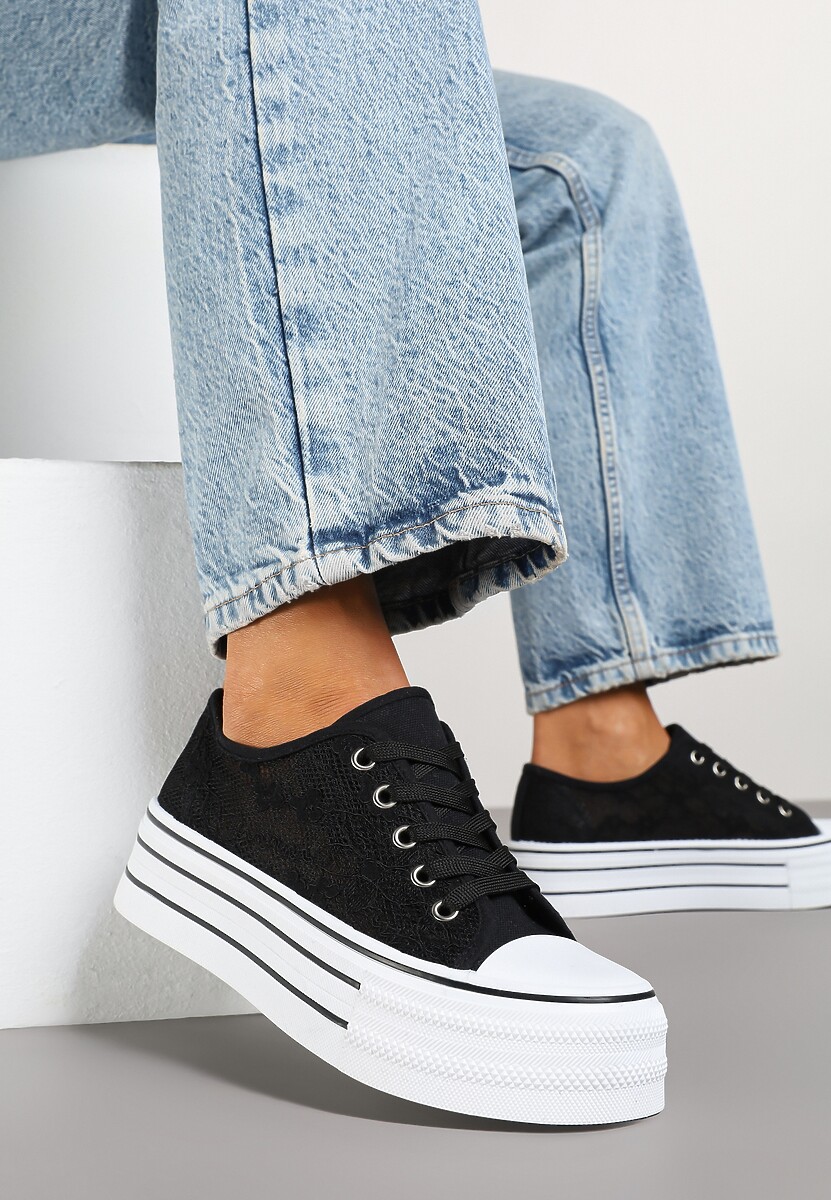 Czarne Koronkowe Trampki Vices na Podwójnej Podeszwie Telosira