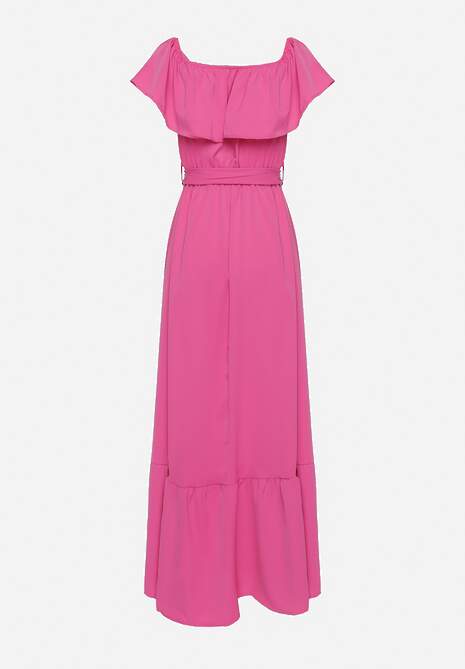 Różowa Hiszapanka Sukienka o Rozkloszowanym Fasonie z Falbanką Naviara