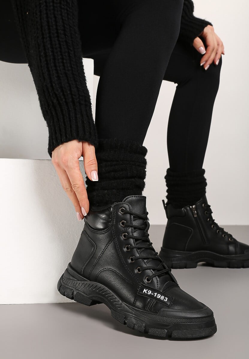 Czarne Wiązane Traperki na Grubej Podeszwie Mibraces