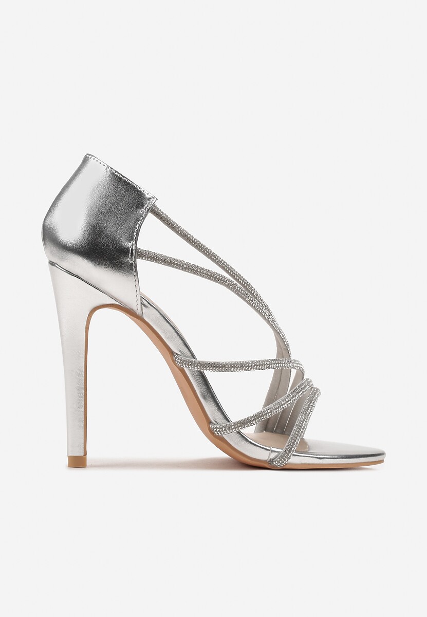 Srebrne Asymetryczne Sandały na Szpilce Zdobione Cyrkoniami Aarnia