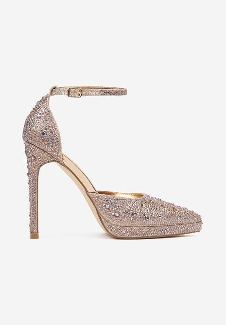 Szampańskie Brokatowe Szpilki Ozdobione Cyrkoniami Zapinane Wokół Kostki Nelefia