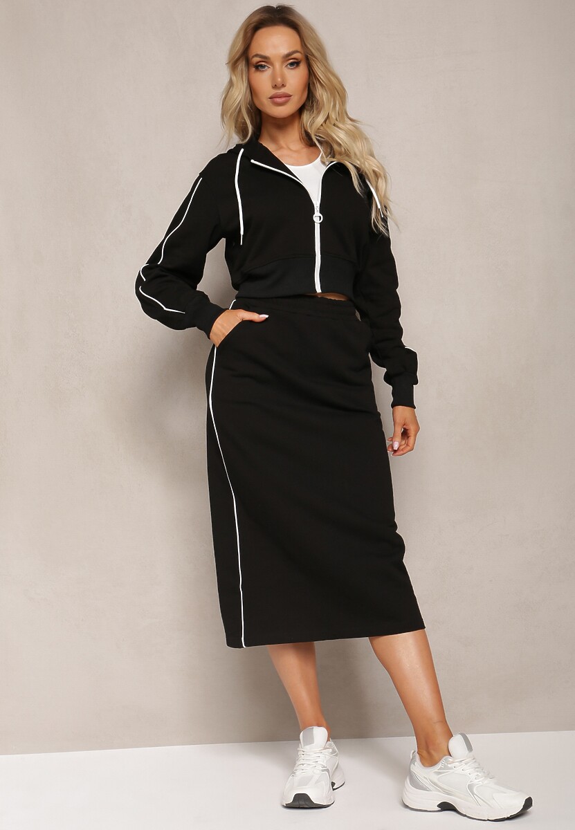 Czarny Komplet Dresowy Krótka Bluza z Kapturem i Spódnica Ołówkowa Agordia