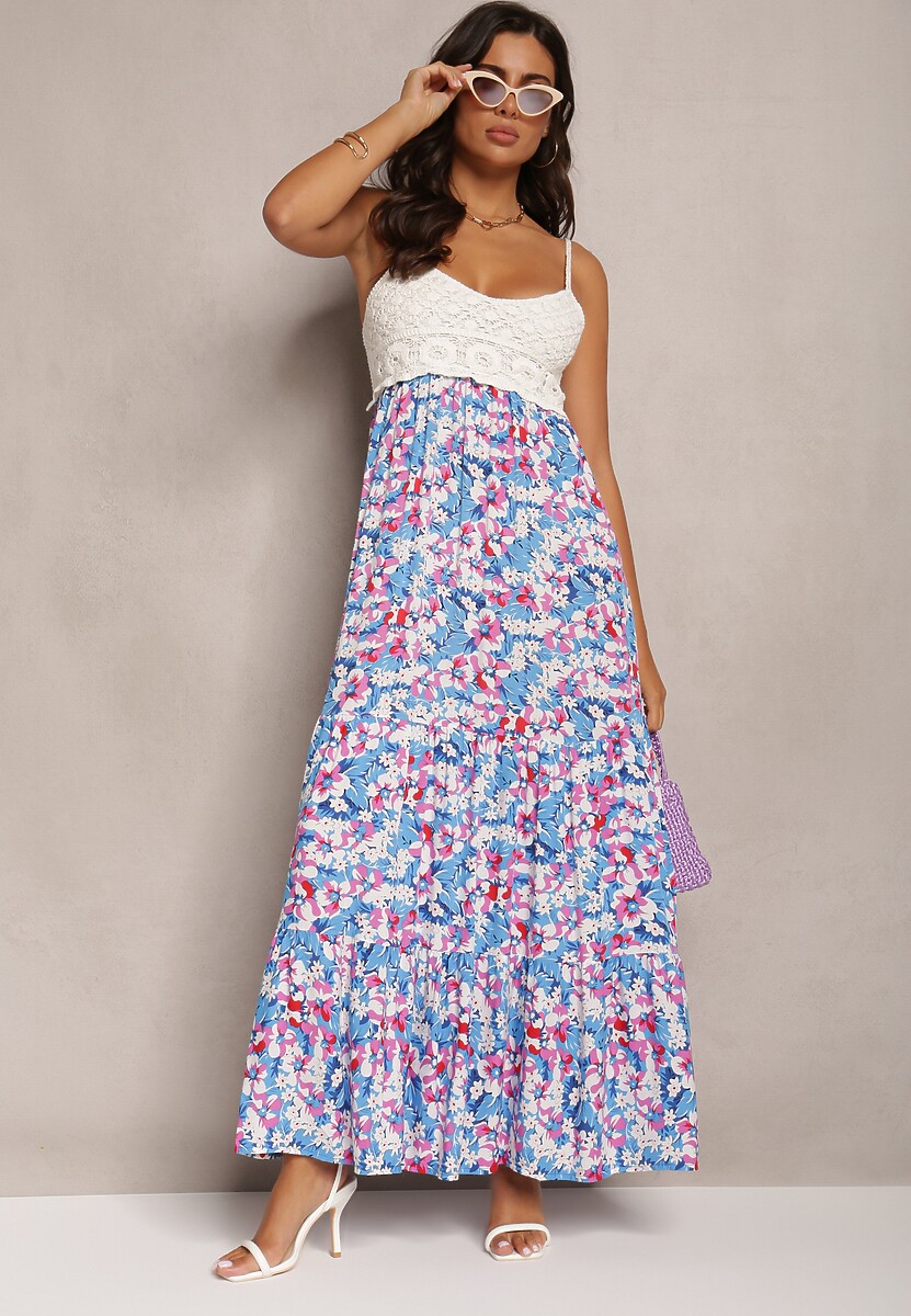 Niebieska Wiskozowa Sukienka Maxi o Rozkloszowanym kroju na Cienkich Ramiączkach w Kwiaty Netela