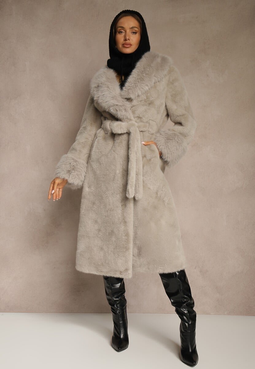 Biały Futrzany Płaszcz z Wiązanym Paskiem Ozdobnym Kołnierzem i Mankietami Viaressa