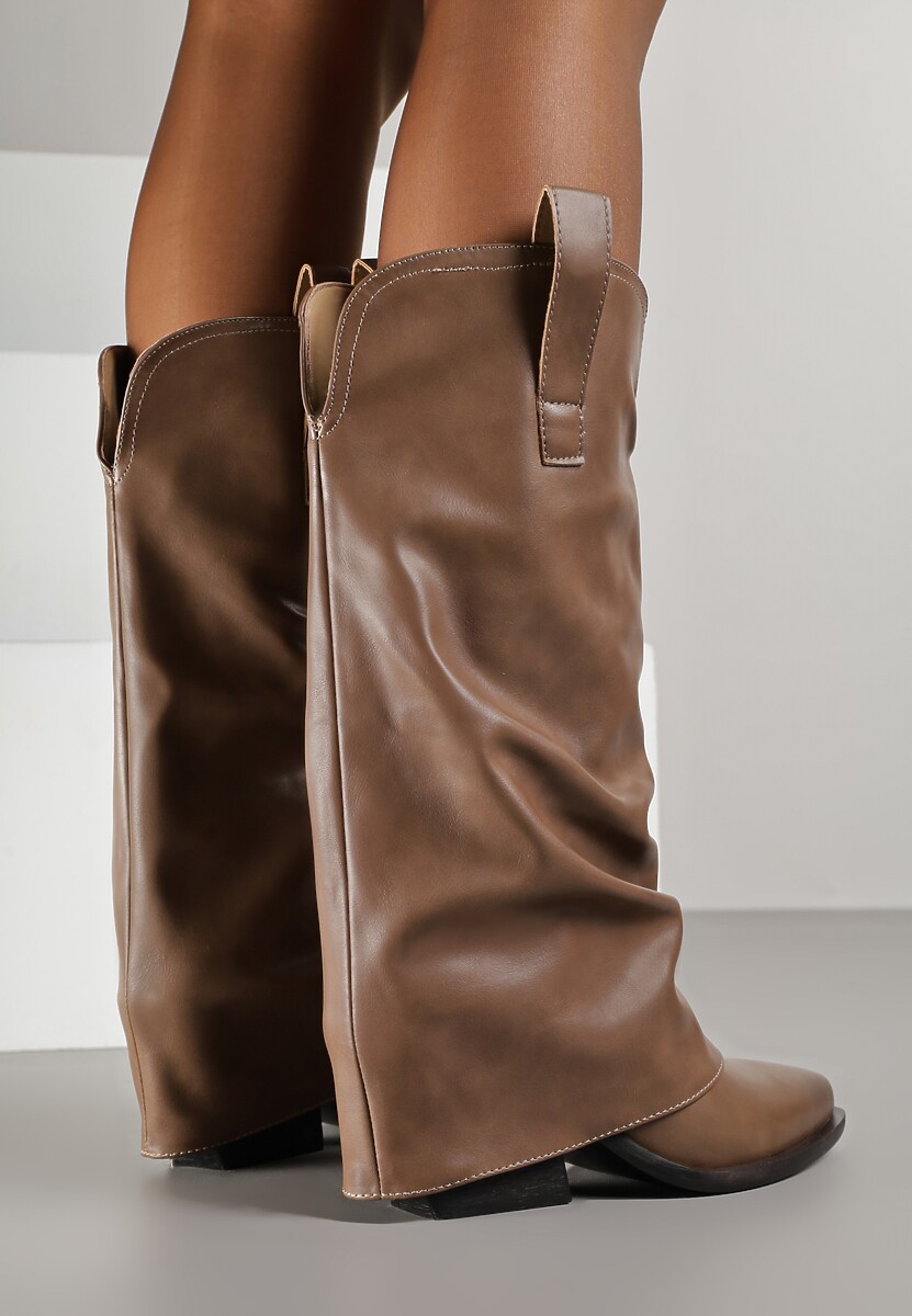 Brązowe Kozaki Kowbojki na Stożku z Wywiniętą Marszczoną Cholewką Escana