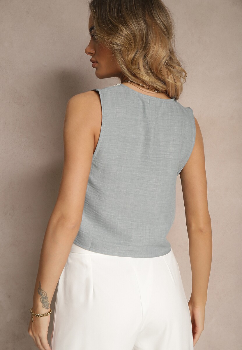 Niebieska Kamizelka Boho Zdobiona Haftem i Koralikami przy Wiązaniu Ralreia