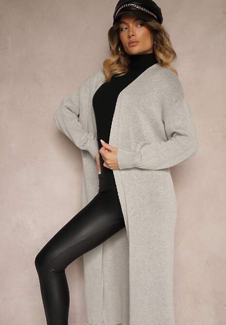 Szary Jednolity Kardigan o Przedłużonym Kroju ze Ściągaczami Terrin