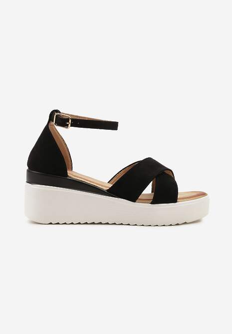 Czarne Sandały Zapinane wokół Kostki na Platformie i Koturnie Effitza