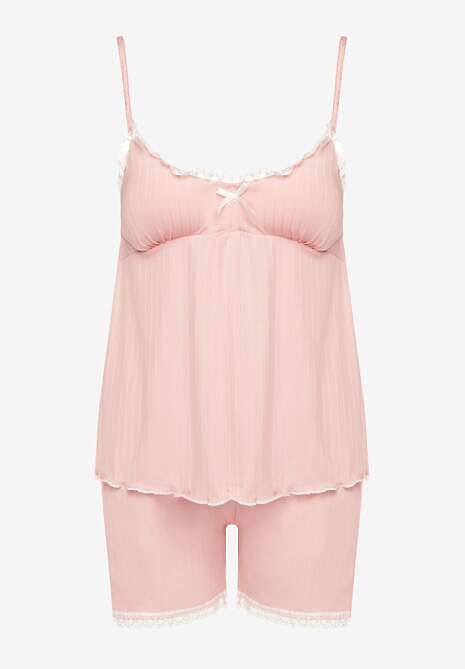Beżowy Komplet Piżamowy z Bawełną Spodenki z Koronką i Top z Kokardkami Firavielle