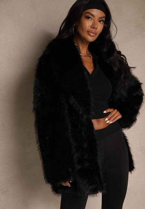 Czarna Klasyczna Kurtka Futerko z Wąskim Wiązanym Paskiem w Talii Casfitta