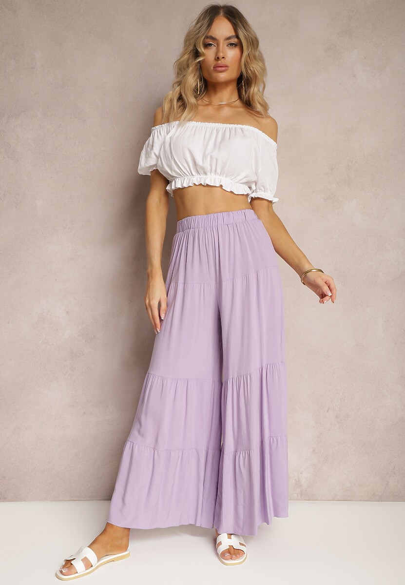 Jasnozielone Spodnie z Szerokimi Nogawkami Palazzo z Falbankami i Gumką w Pasie Dimlin