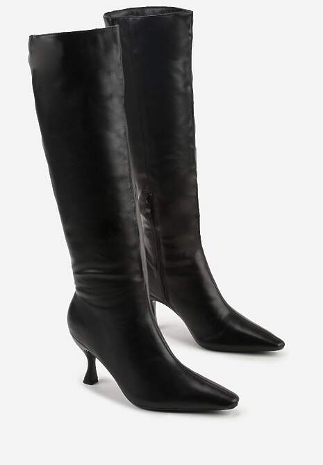 Czarne Marszczone Kozaki Vices na Obcasie Typu Kaczuszka Miomadia